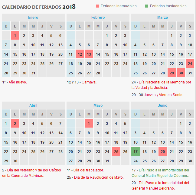 calendario oficial de feriados y fin de semana largo 2018 argentina